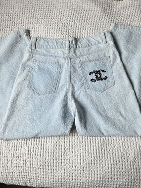 CHANEL Light Blue High-Rise Tweed Denim Jeans with  CC Logo